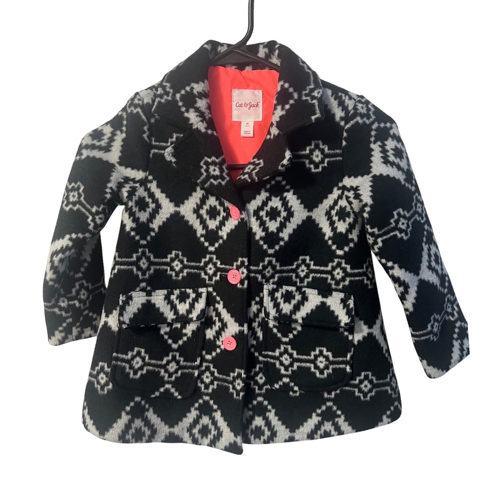 Cat & Jack Girls 4T Black‎ White Geometric Southwestern Pea Coat Pink Buttons